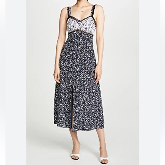 Tanya Taylor Dresses & Skirts - Tanya Taylor 100% Silk Floral Lace Sarita Slip Slit Midi Dress Size 14 plus navy